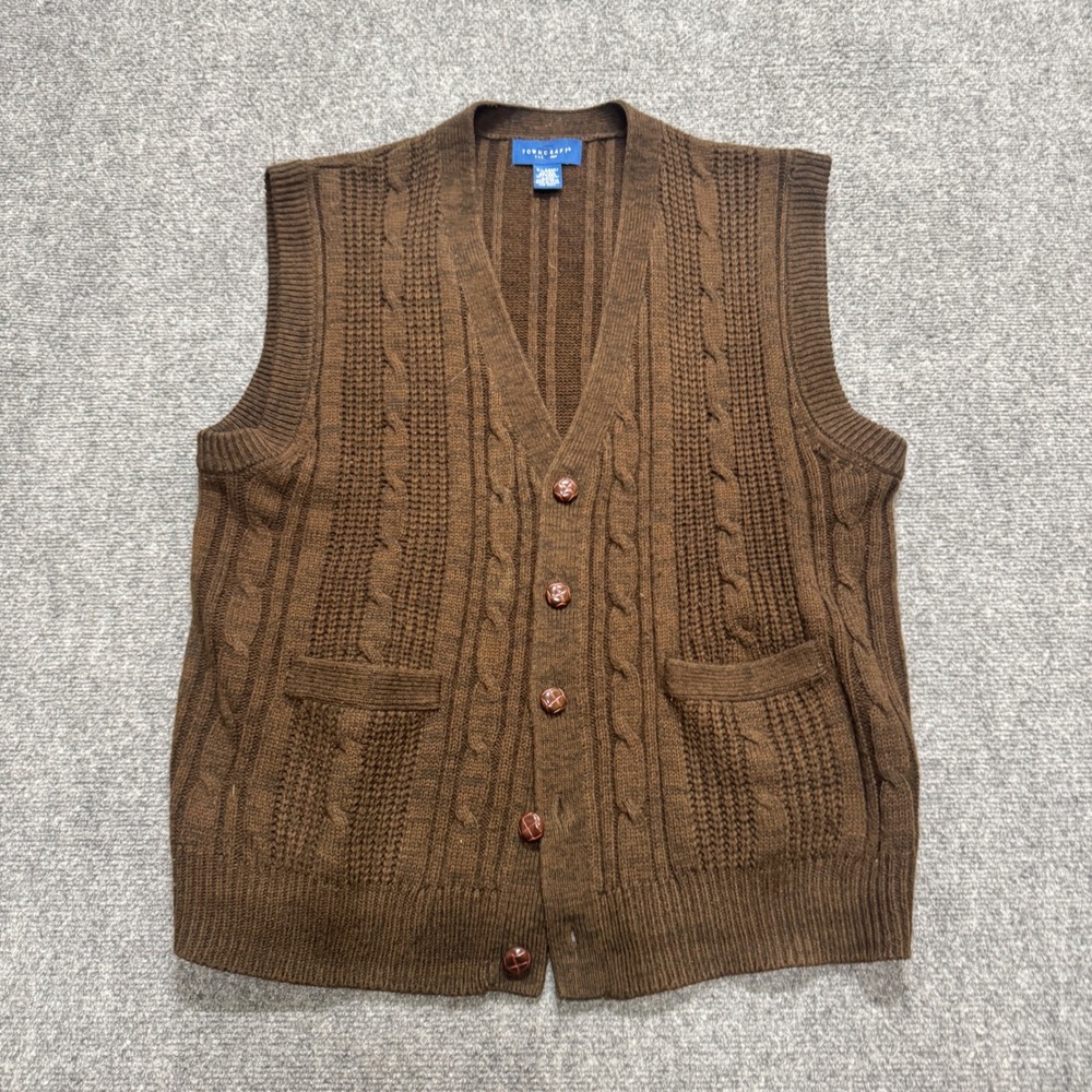 VTG Towncraft Knitted Sweater Vest Men's XL Brown Y2K Overwear Striped Pocket